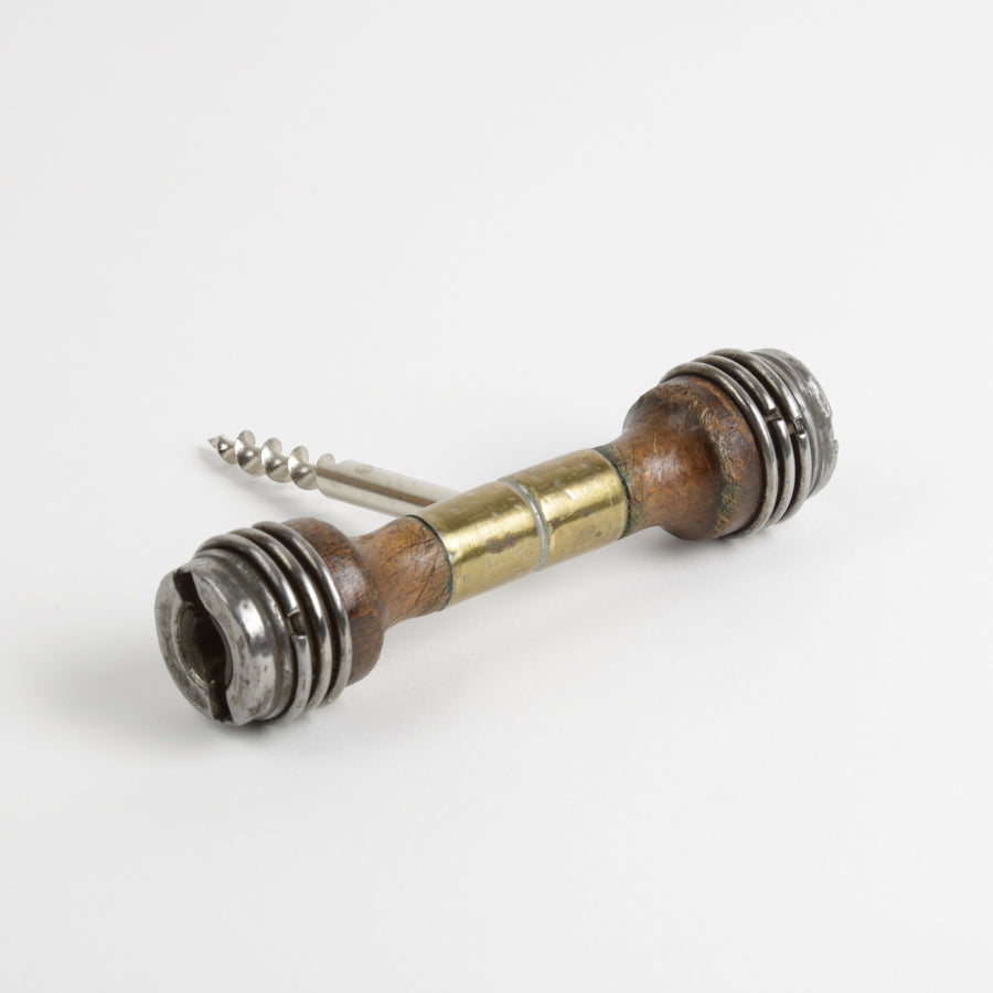 Hand crafted wooden thread bobbin and brass corkscrew