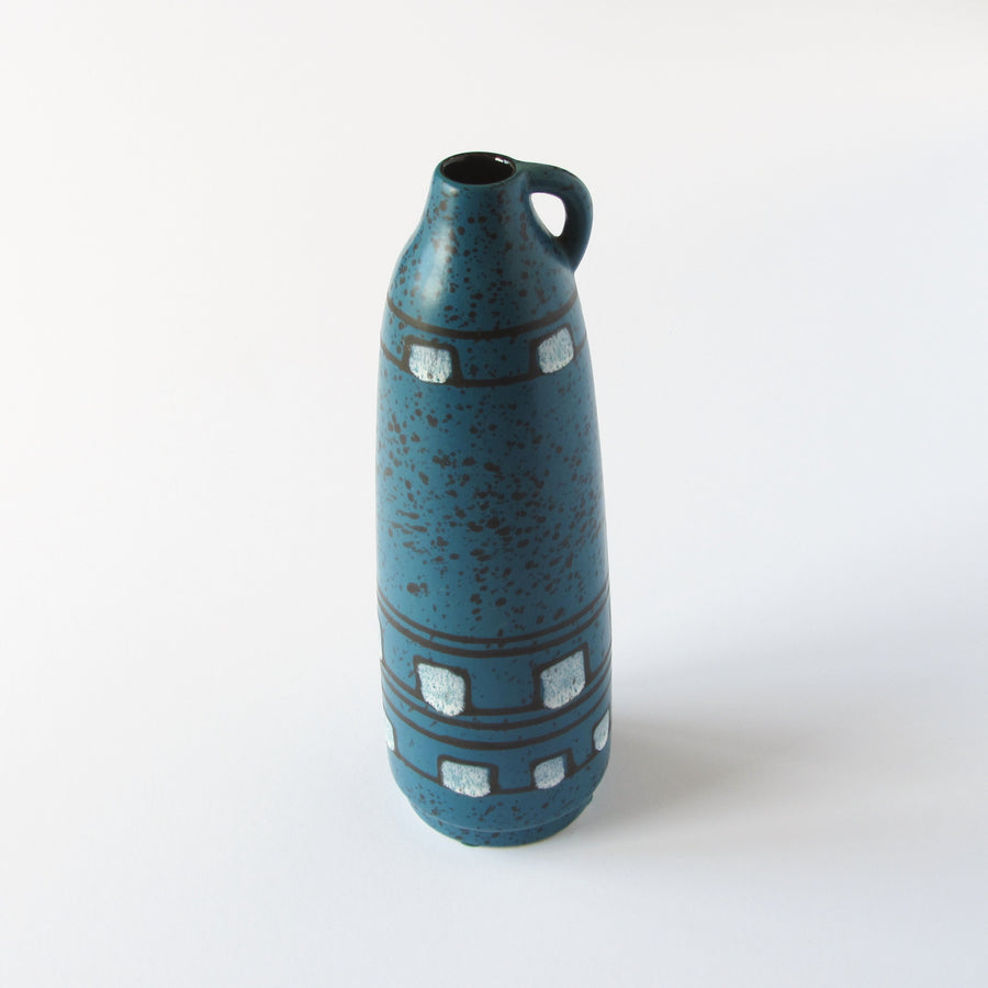Blue German ceramic vase with white checks