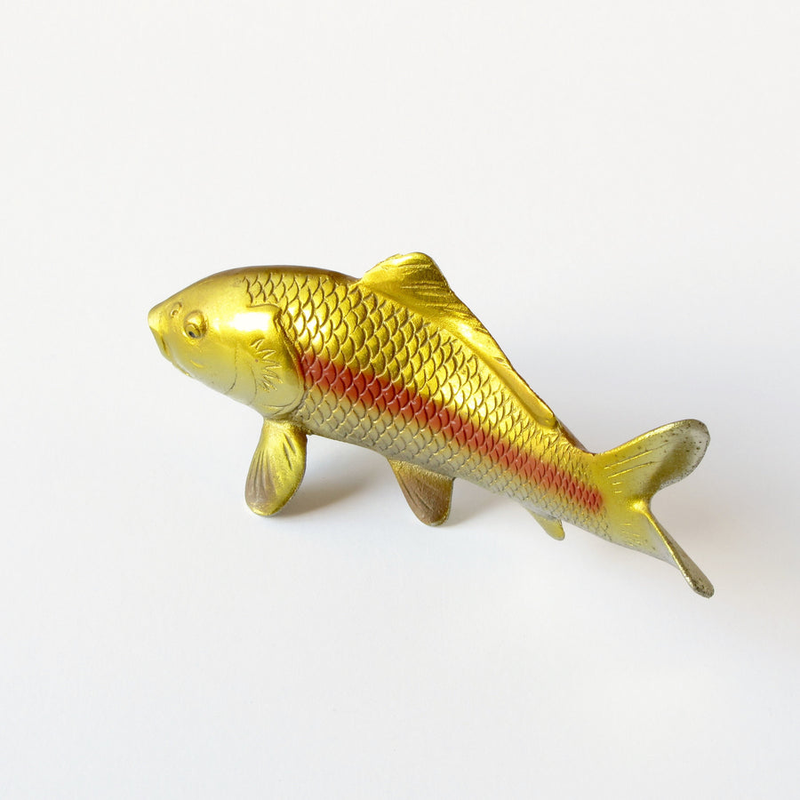 VIntage cast metal Japanese koi fish sculpture with gold metallic finish