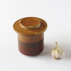 Studio pottery OWP butter crock with rust and burgundy glaze