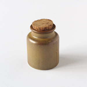 Ceramic tea and spice jug with mustard glaze and cork lid