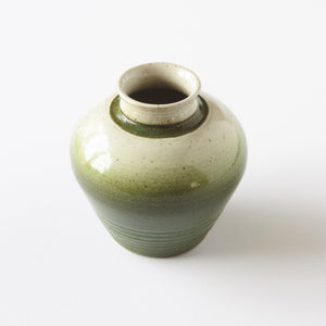 Hand made studio pottery vase with green and stone speckled glaze