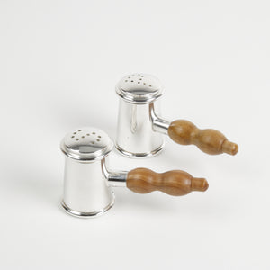 Silver salt and pepper shakers with wood handles personal size