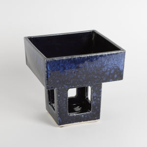 Square ceramic blue Japanese ikebana vase with hollow pedestal