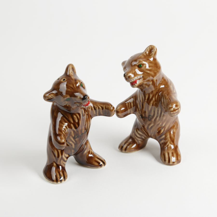 Ceramic bear salt and pepper shakers with Bamff written on front, made in Japan