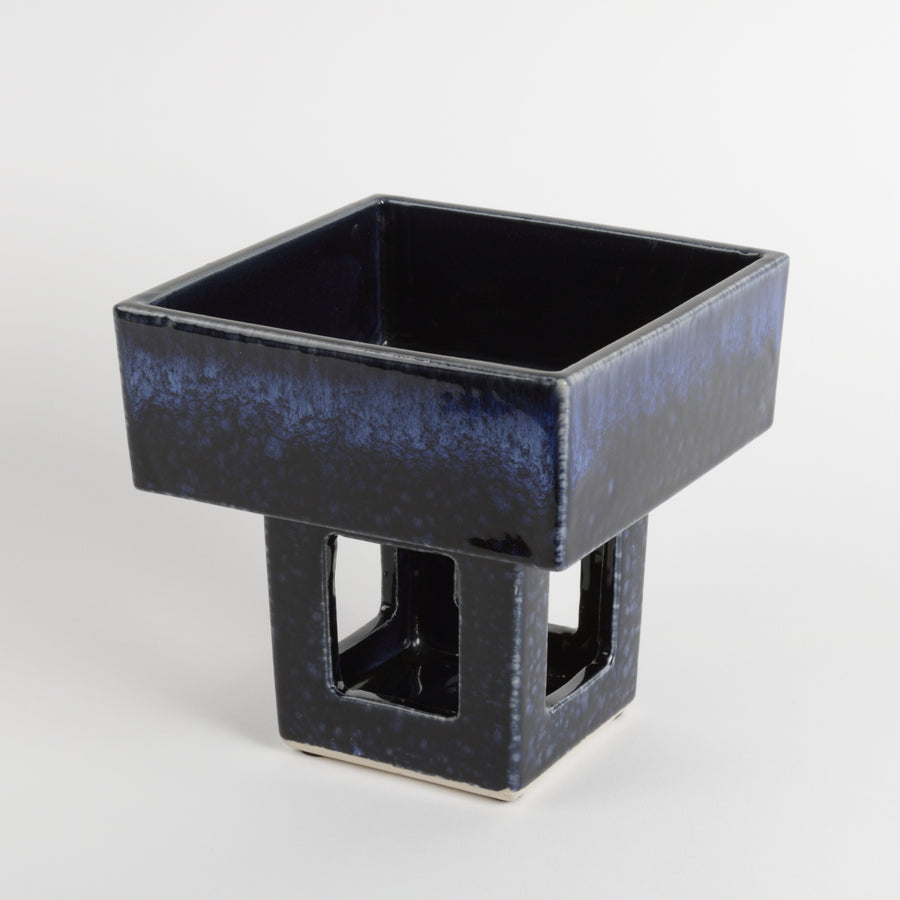 Square ceramic blue Japanese ikebana vase with hollow pedestal