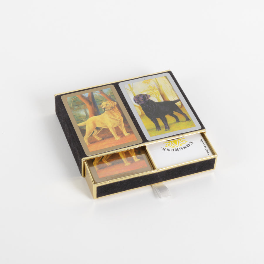 double deck of playing cards with yellow and black lab art