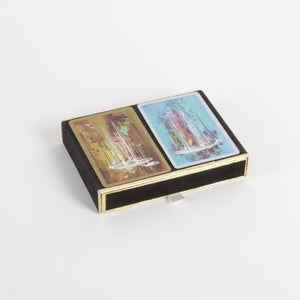 Playing card box with tall ship mid century art