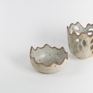 Japanese stoneware lantern with leaf cutouts, clamshell design