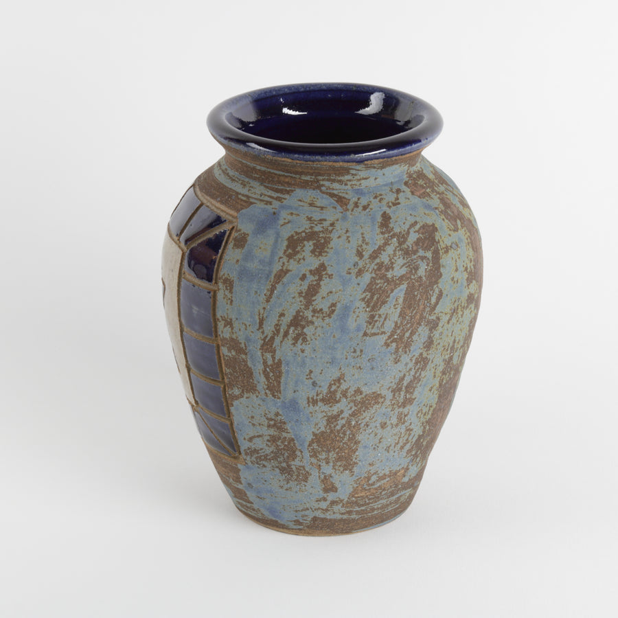 Northwest studio pottery vase with Cobalt Blue tile fish decoration over stoneware