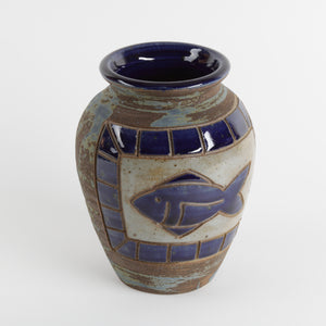 Northwest studio pottery vase with Cobalt Blue tile fish decoration over stoneware