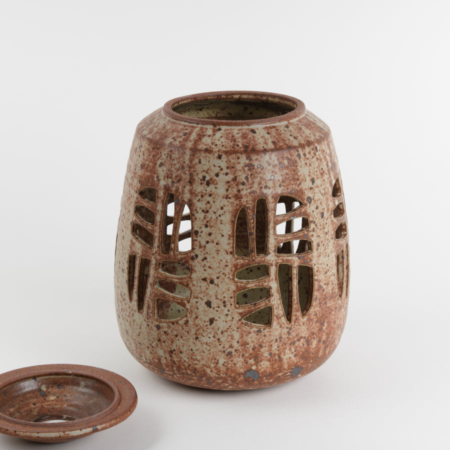 Japanese stoneware lantern with removable lid and speckled glaze