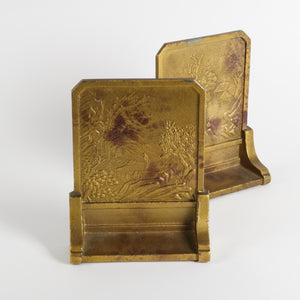 Two patina Gilt bronze bookends with embossed designs, Japan 