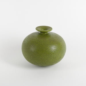 rounded bud vase with flanged neck in green glaze