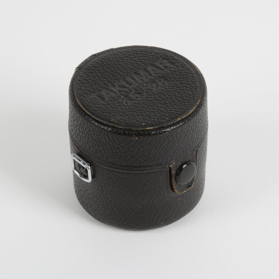 Black leather camera lens case with a strap on a white background