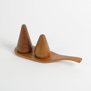 Teak wood salt and pepper shaker set with teak holding tray
