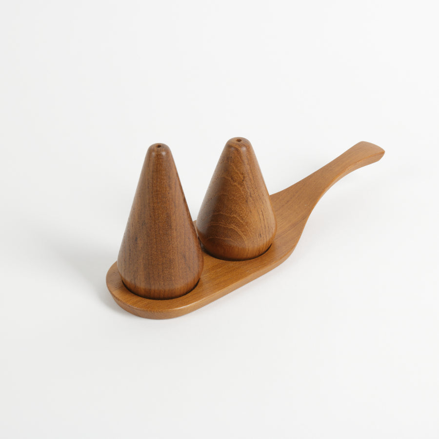 Teak wood salt and pepper shaker set with teak holding tray