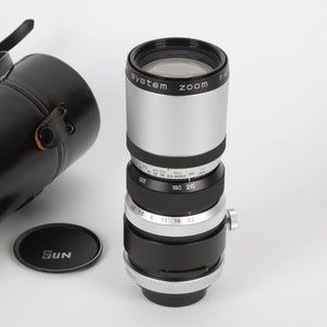 Sun camera zoom lens silver and black F4.8 to F22