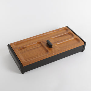 Wood valet box with teak top and black base