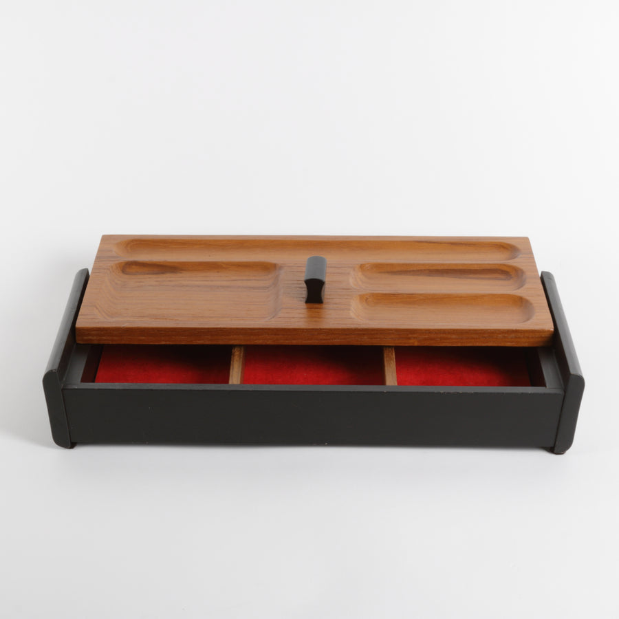 Wood valet box with teak top and black base