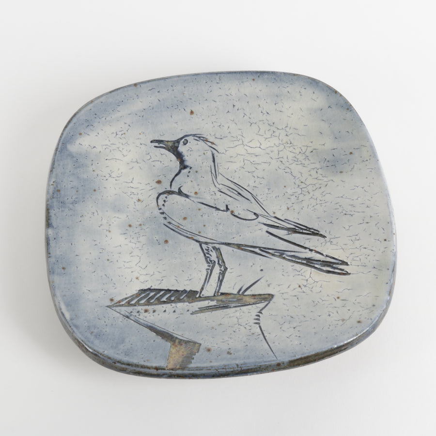 Ceramic dish with a bird design on a white background