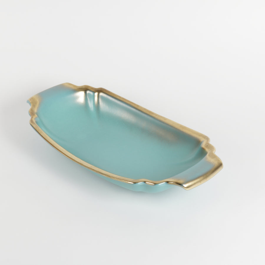 Ceramic serving dish in light aqua with gold rim, art deco 14x7"