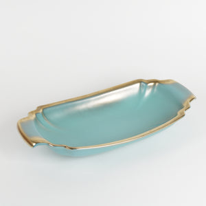 Ceramic serving dish in light aqua with gold rim, art deco 14x7"