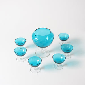 Scandinavian blue art glass decanter and martini glasses