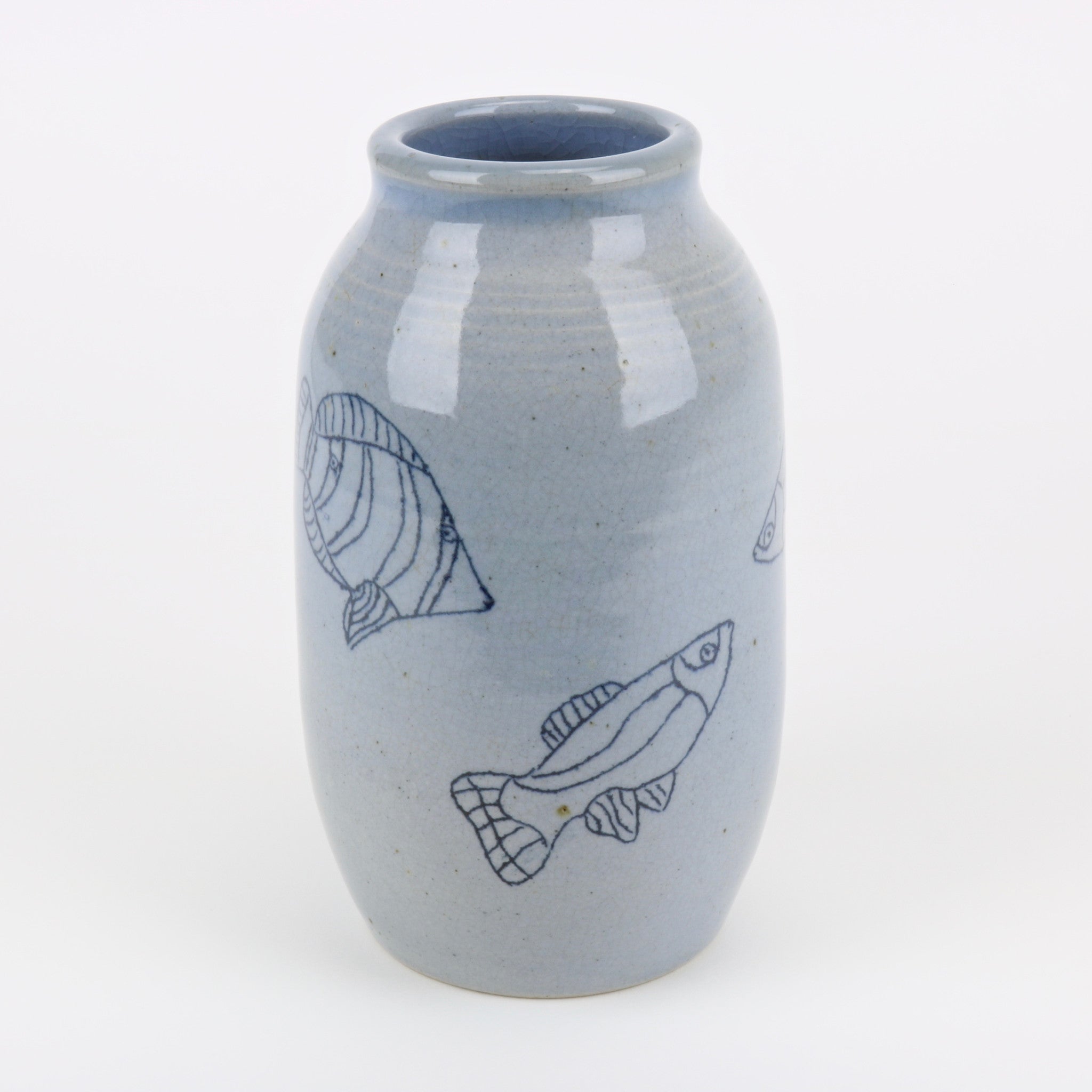 Aqua blue studio pottery fish vase by Janet