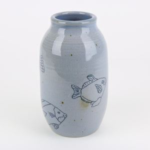 Aqua blue studio pottery fish vase by Janet back view