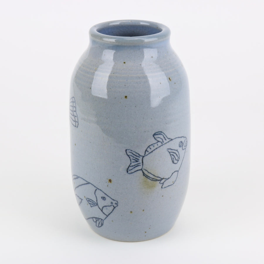 Aqua blue studio pottery fish vase by Janet