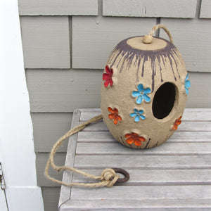 Mid century ceramic birdhouse art pottery with flowers, similar to Victoria Littlejohn