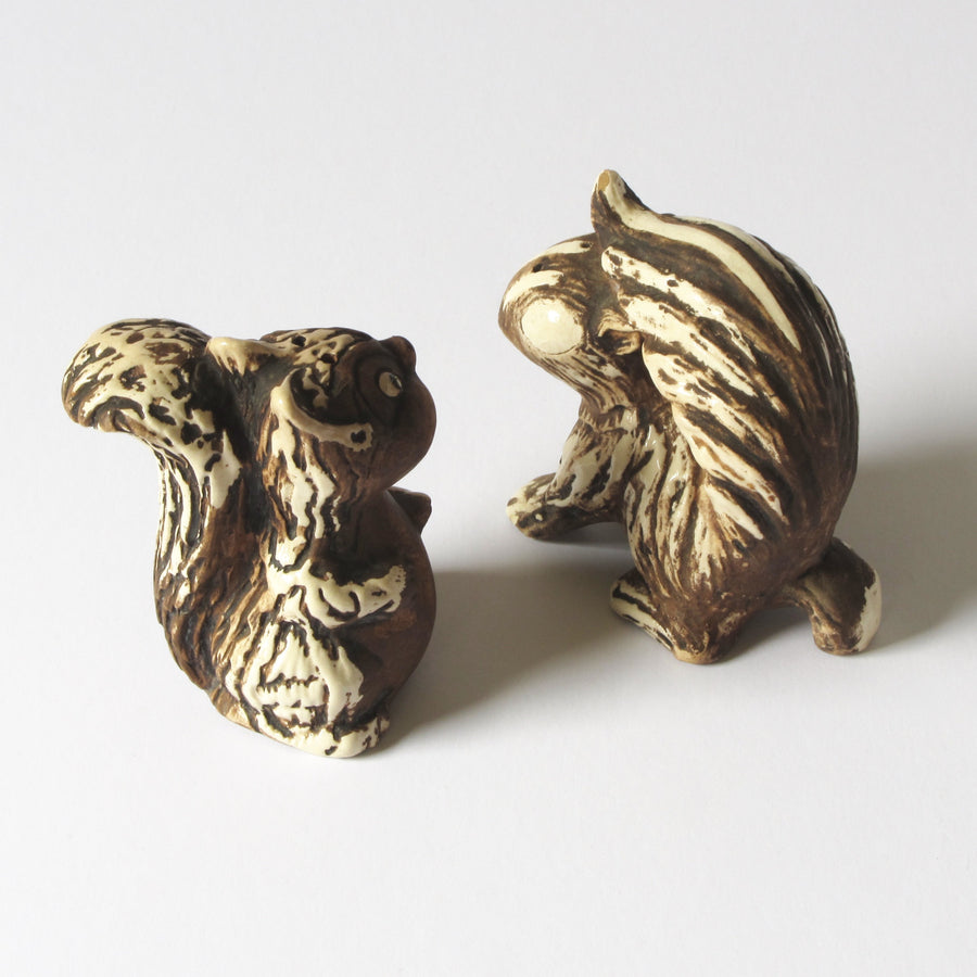 Vintage chipmunk salt and pepper shakers with worn glaze