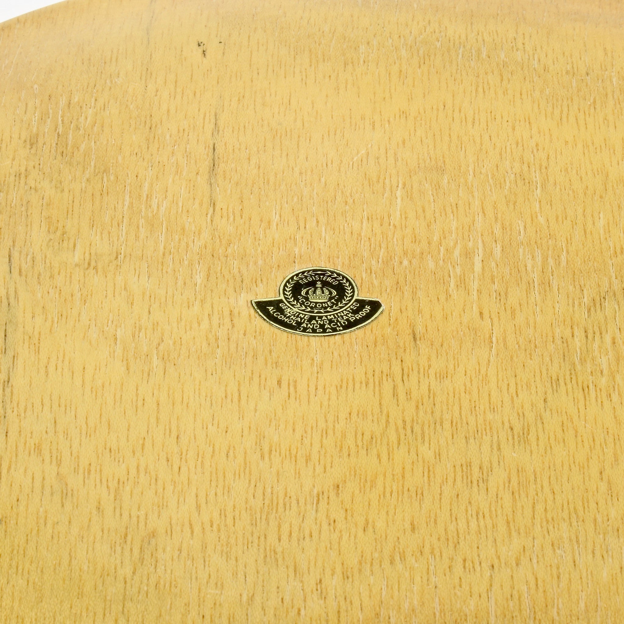 Coronet teak bentwood cocktail serving tray manufacturer decal closeup