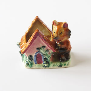 Antique ceramic fox planter with checked glaze