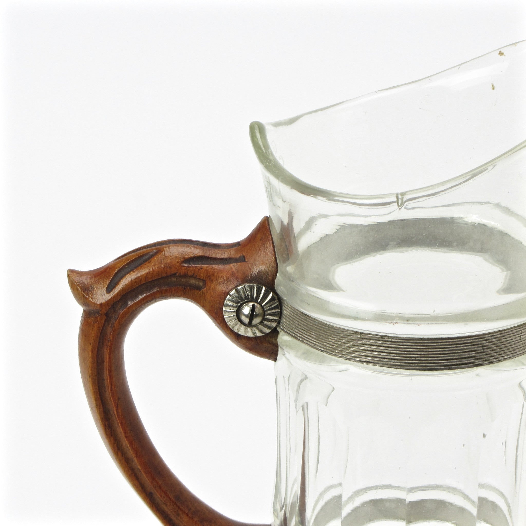 Wood handle on hand blown glass pitcher
