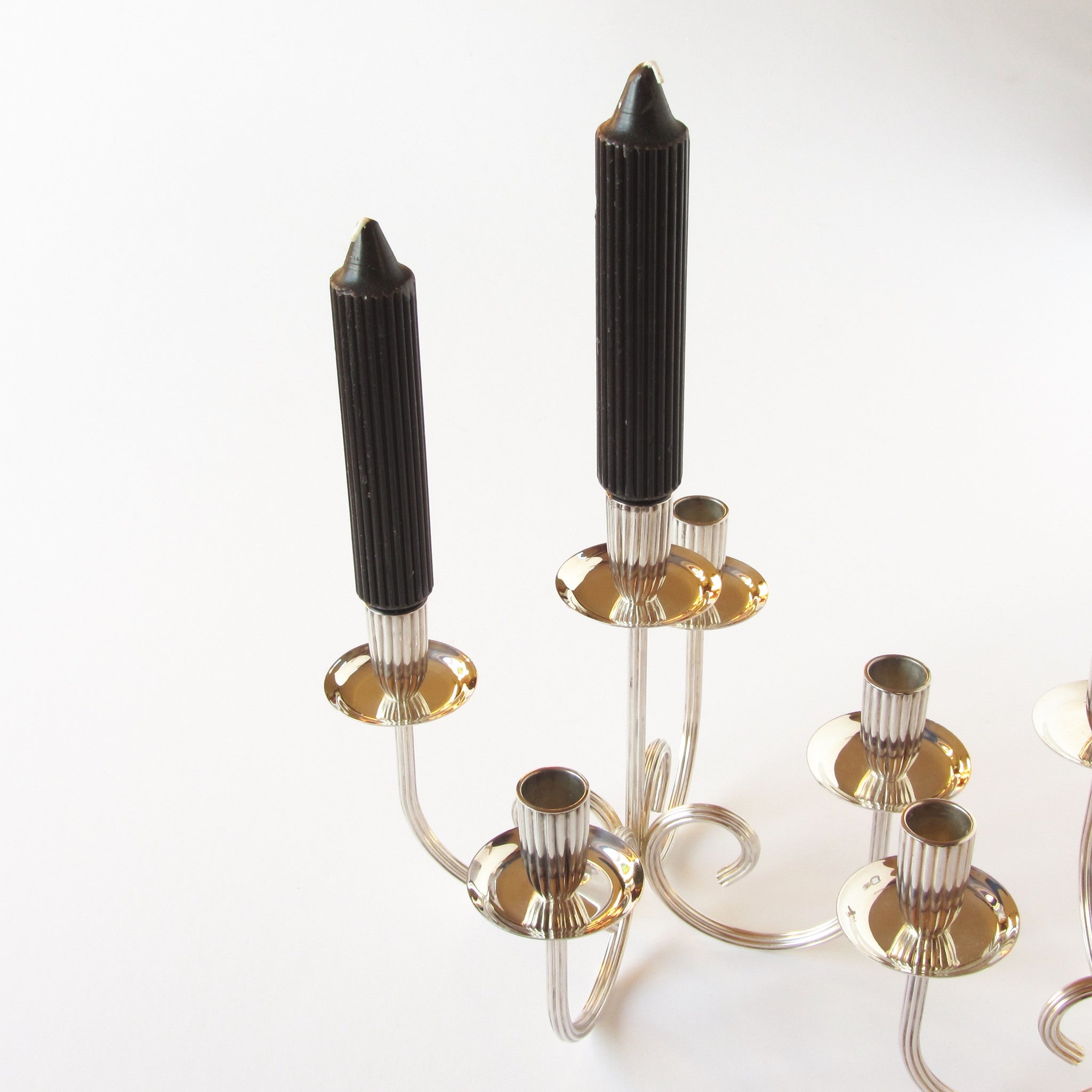 Vintage Gorham Silverplate Candelabras with black ribbed candles