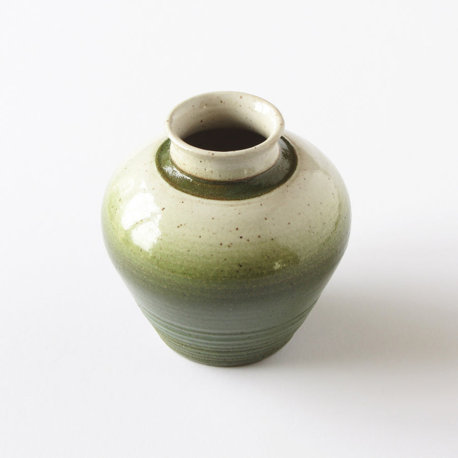 Hand made studio pottery vase with green and stone speckled glaze