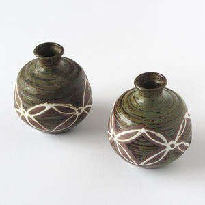Set of 2 Japanese vases with flower design hand applied glaze