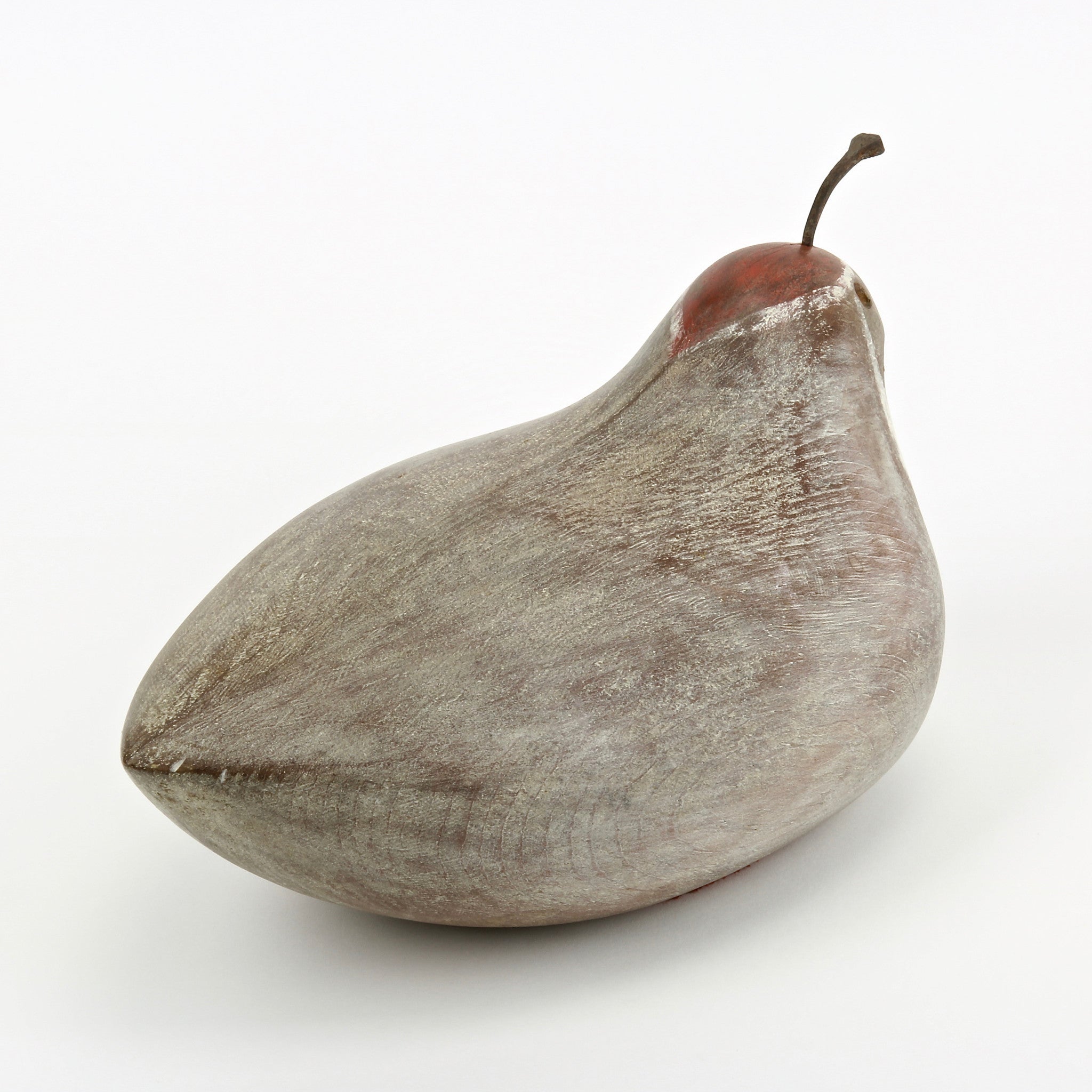 Hand carved wood quail sculpture with nail feather and felt base back view