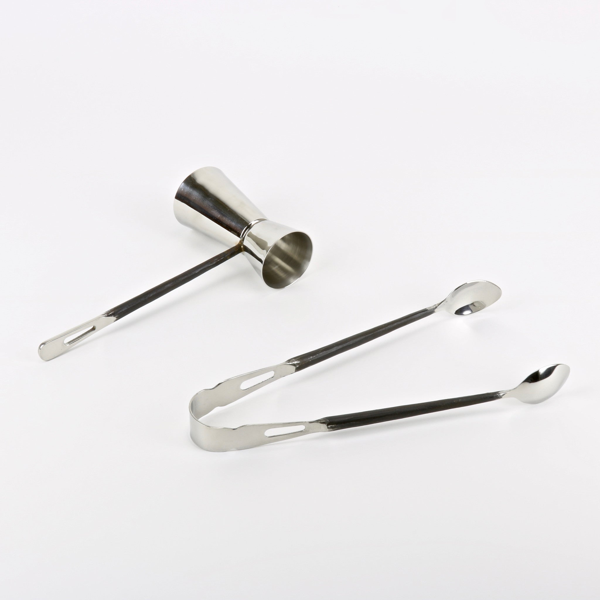 Stainless steel bar tool set with shot cups and ice tongs