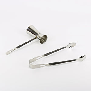 Stainless steel bar tool set with shot cups and ice tongs