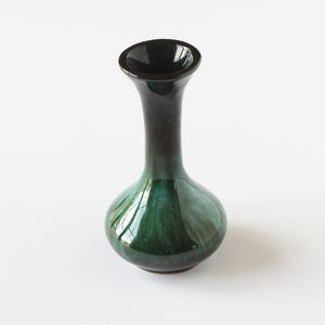 small flower vase, blue and green glaze over terra cotta