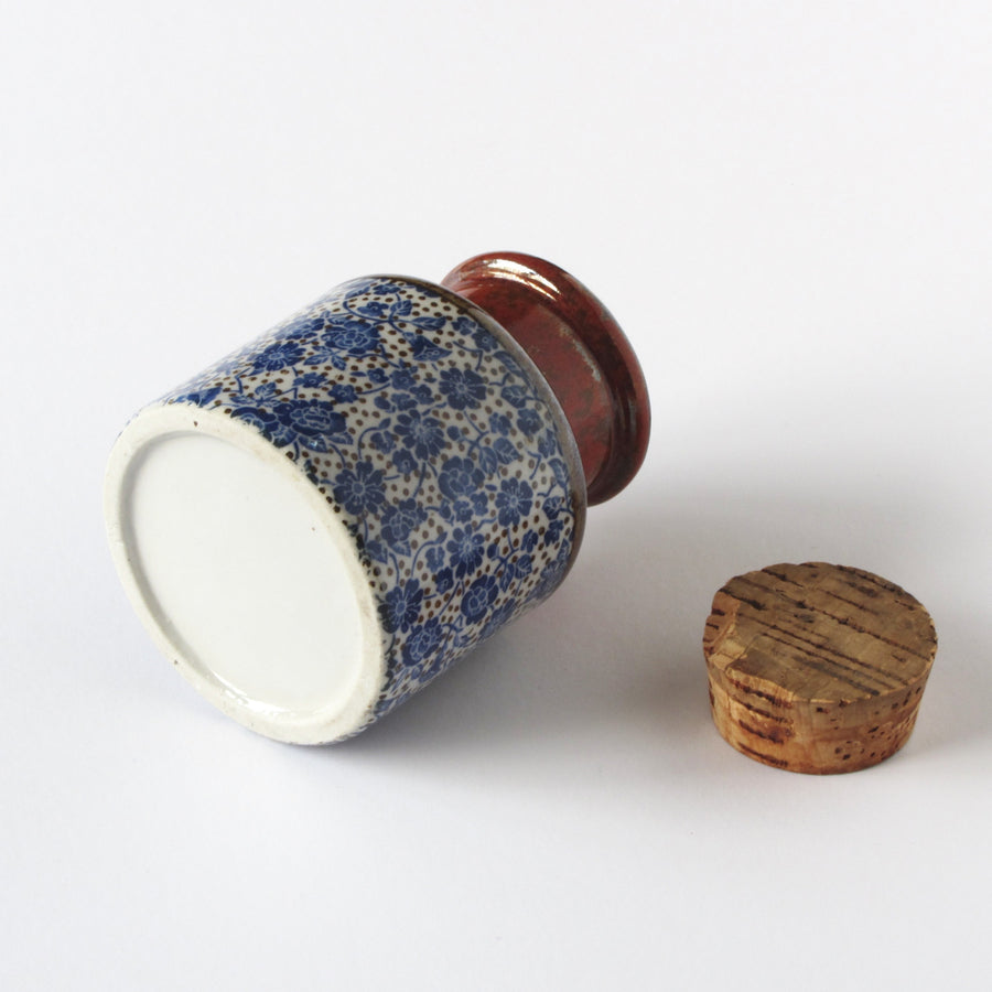 Japanese tea and spice jug with cork and blue floral glaze