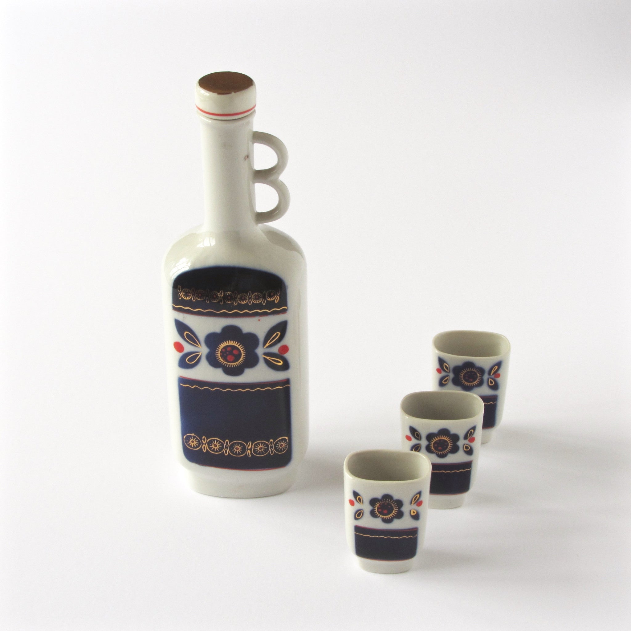 Danish modern white and blue decanter set with floral pattern