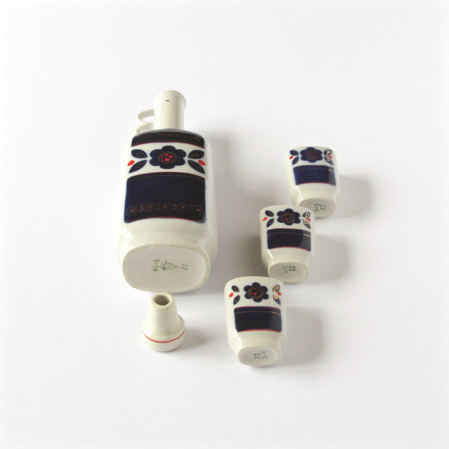 Danish modern white and blue decanter set with floral pattern