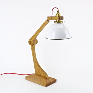 Mid century adjustable lamp in oak with enamel shade side view