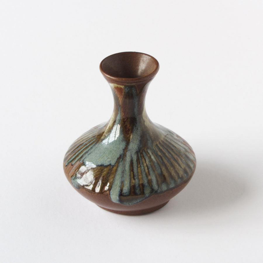 Vintage Pottery Craft studio pottery vase with edge detail and muti colored glaze 