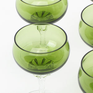 Sasaki Coronation small martini glasses in green crystal closeup view