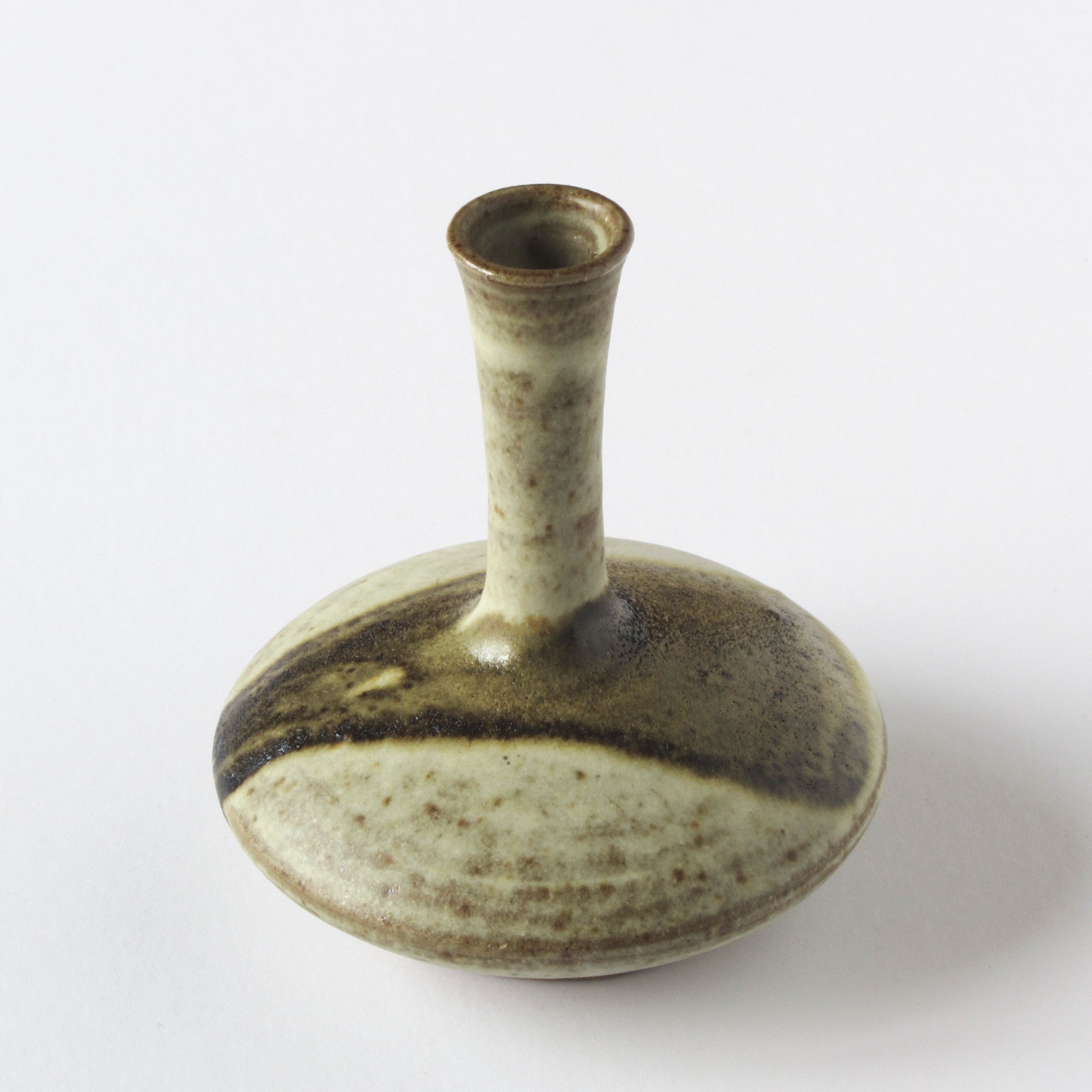 Mid century studio art pottery vase in multi-colored olive green glaze alternate view